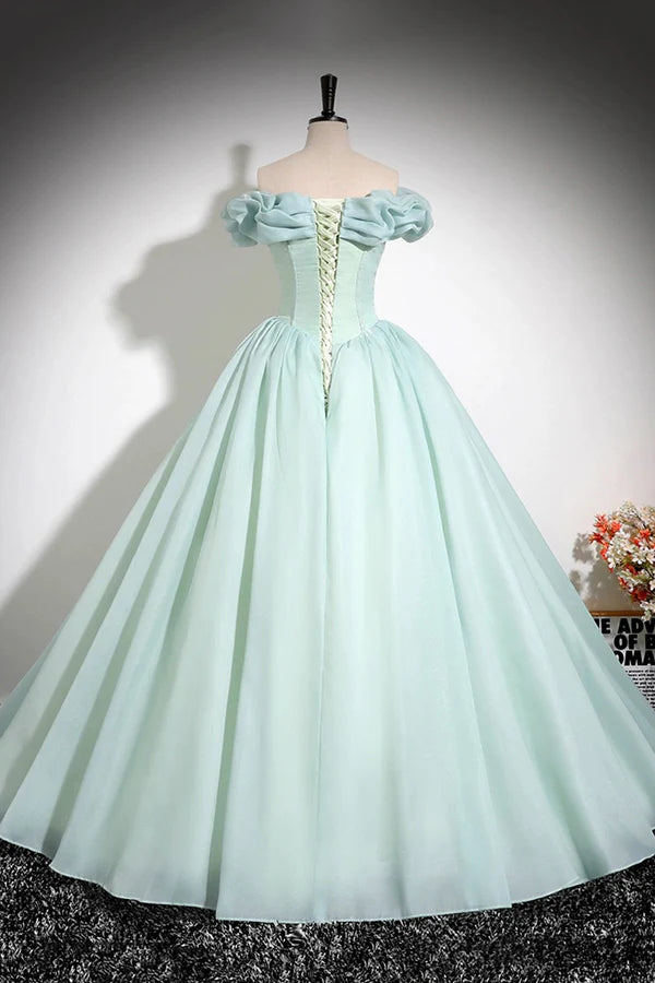 Wholesale Green Tulle Long A-Line Prom Dress Lovely Off the Shoulder Evening Party Dress
