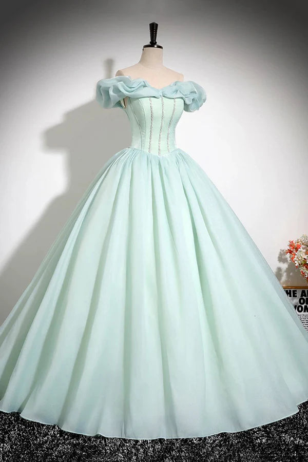 Wholesale Green Tulle Long A-Line Prom Dress Lovely Off the Shoulder Evening Party Dress