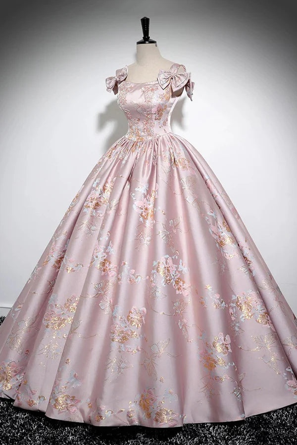 Wholesale Pink Floral Satin Long Prom Dress Beautiful A-Line Evening Dress with Bow