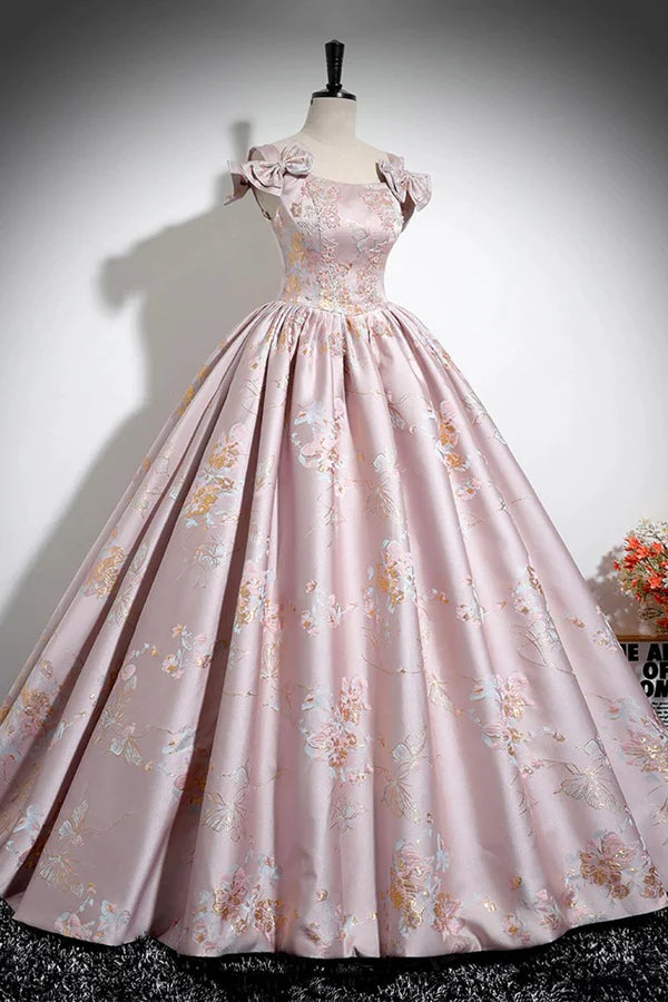 Wholesale Pink Floral Satin Long Prom Dress Beautiful A-Line Evening Dress with Bow