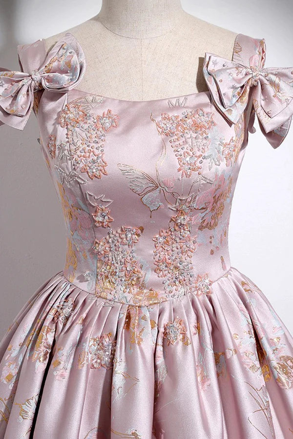 Wholesale Pink Floral Satin Long Prom Dress Beautiful A-Line Evening Dress with Bow