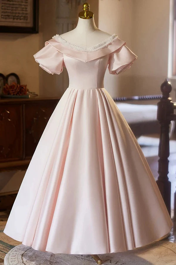 Wholesale Pink V-Neck Satin A-Line Prom Dress Beautiful Short Sleeve Evening Party Dress