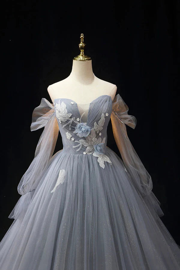 Wholesale Gray Blue Tulle Floor Length Prom Dress Elegant Long Sleeve Formal Evening Dress