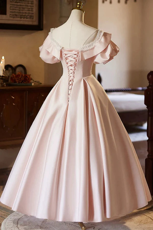 Wholesale Pink V-Neck Satin A-Line Prom Dress Beautiful Short Sleeve Evening Party Dress