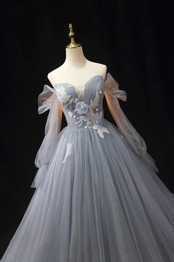 Wholesale Gray Blue Tulle Floor Length Prom Dress Elegant Long Sleeve Formal Evening Dress
