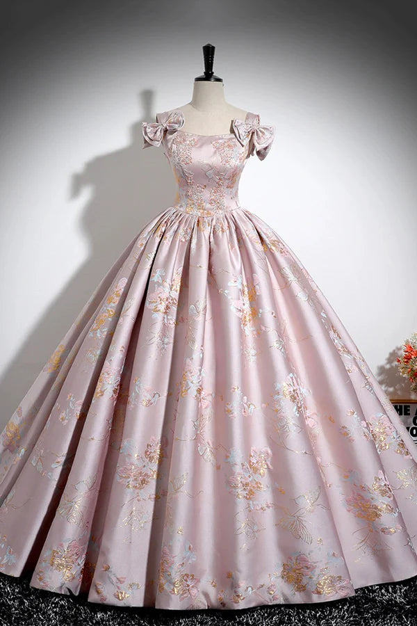 Wholesale Pink Floral Satin Long Prom Dress Beautiful A-Line Evening Dress with Bow