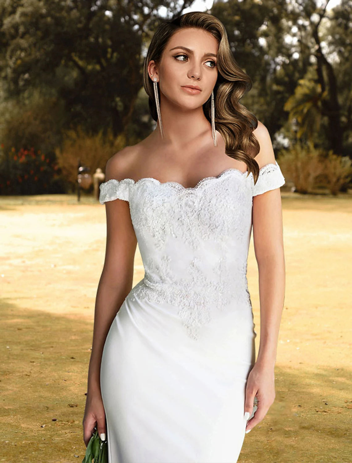 Wholesale  Beach Wedding Dresses Mermaid / Trumpet Off Shoulder Cap Sleeve Sweep / Brush Train Lace Bridal Gowns With Appliques