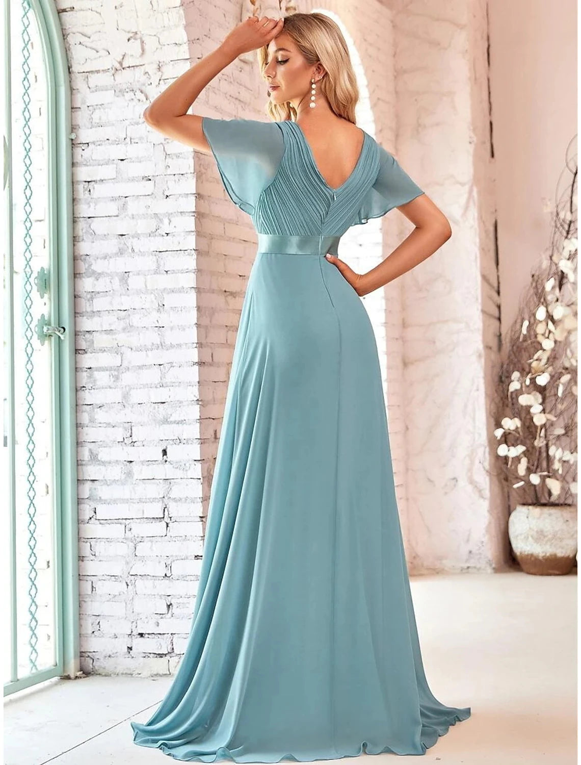 Wholesale  A-Line Evening Gown Empire Dress Wedding Guest Formal Evening Floor Length Short Sleeve V Neck Bridesmaid Dress Chiffon V Back with Ruffles