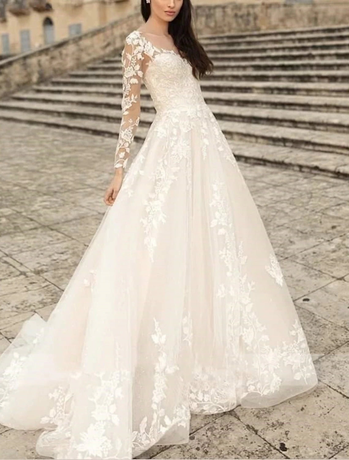 Wholesale Beach Formal Wedding Dresses A-Line V Neck Long Sleeve Sweep / Brush Train Lace Bridal Gowns With Flower Solid Color