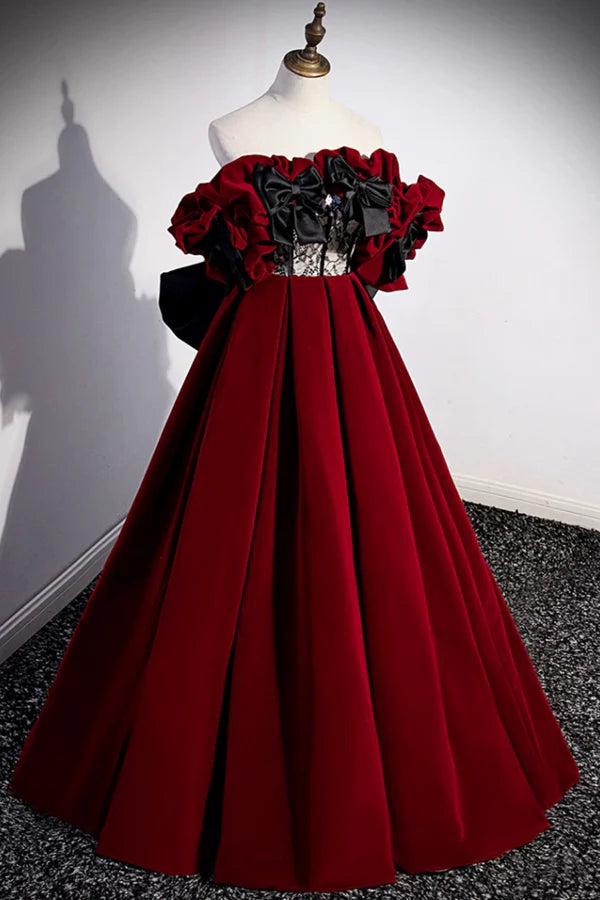 Wholesale Burgundy Velvet Off the Shoulder Floor Length Prom Dress