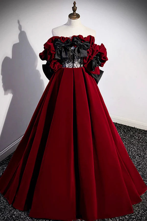 Wholesale Burgundy Velvet Off the Shoulder Floor Length Prom Dress