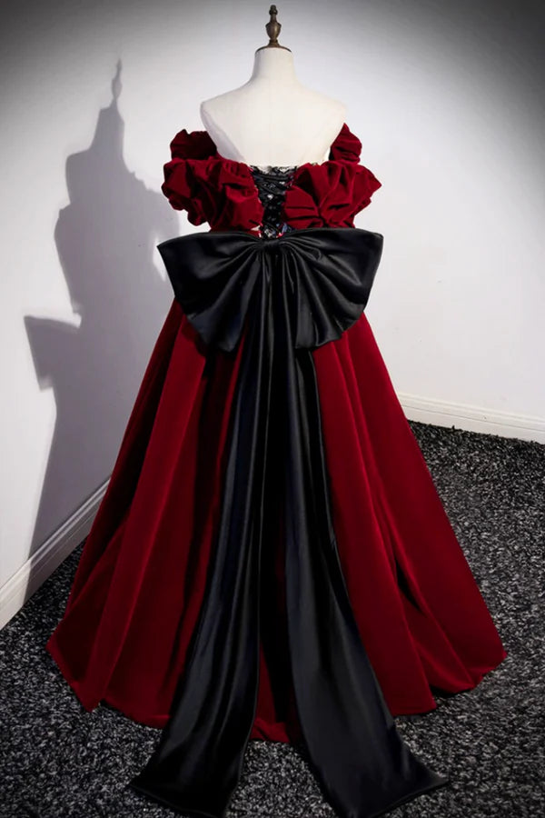 Wholesale Burgundy Velvet Off the Shoulder Floor Length Prom Dress