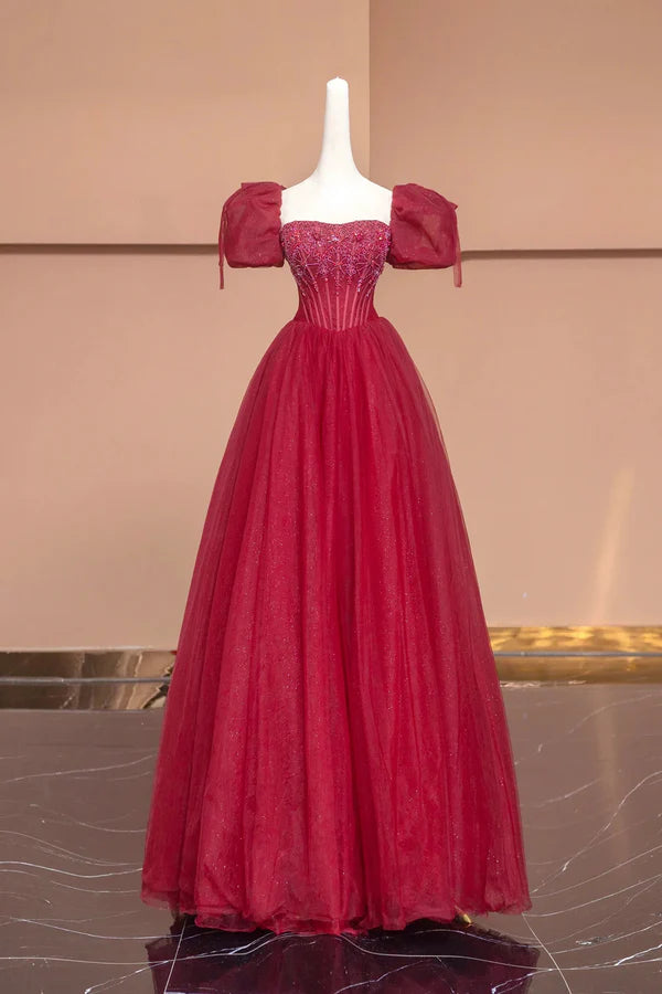 Wholesale Burgundy Tulle Beaded Floor Length Prom Dress A-Line Short Sleeve Evening Dress