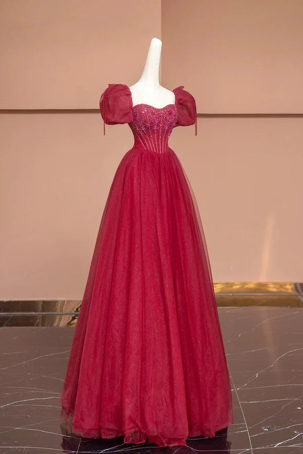 Wholesale Burgundy Tulle Beaded Floor Length Prom Dress A-Line Short Sleeve Evening Dress