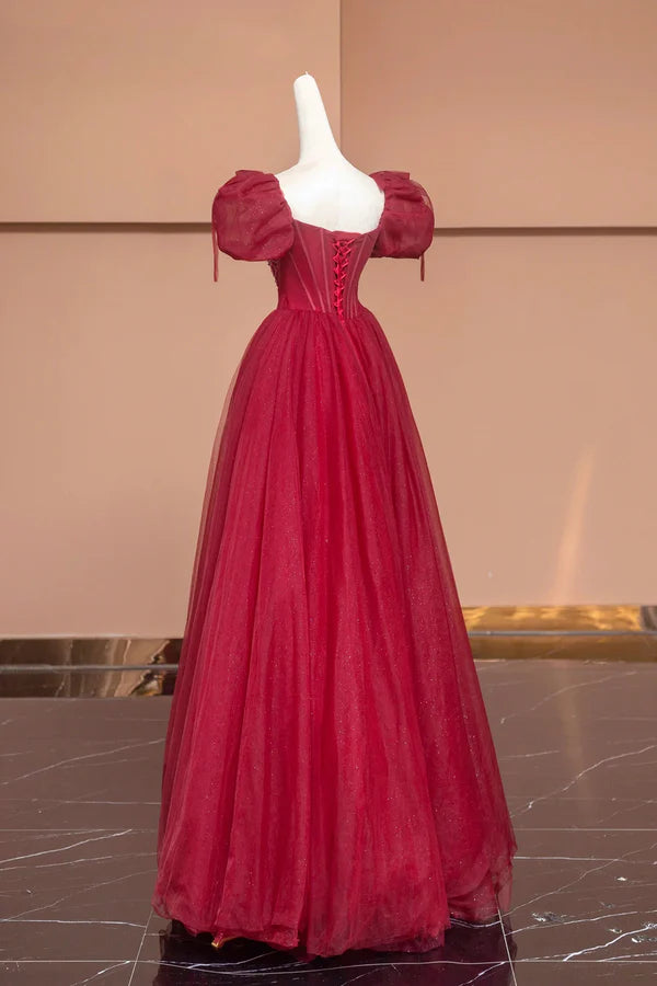 Wholesale Burgundy Tulle Beaded Floor Length Prom Dress A-Line Short Sleeve Evening Dress