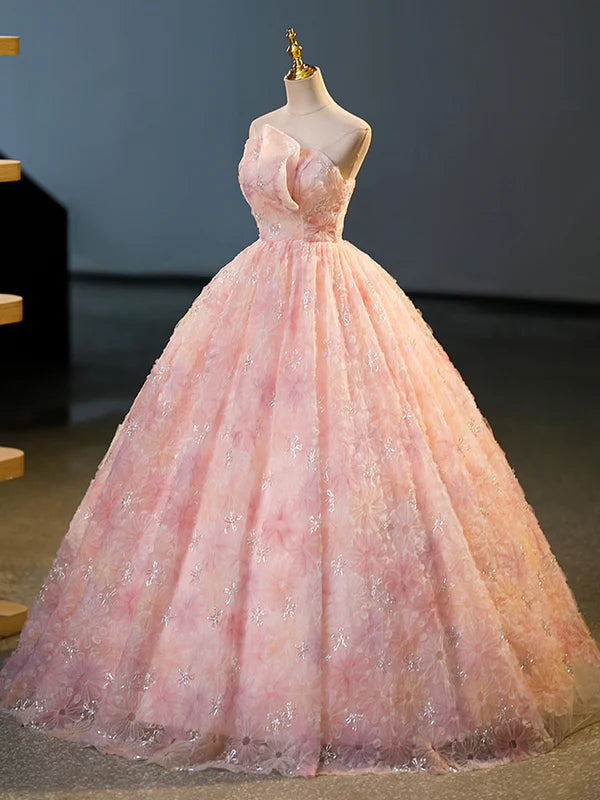 Wholesale Pink Flower Long Princess Dress Pink Strapless Formal Evening Dress