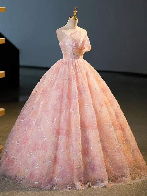 Wholesale Pink Flower Long Princess Dress Pink Strapless Formal Evening Dress