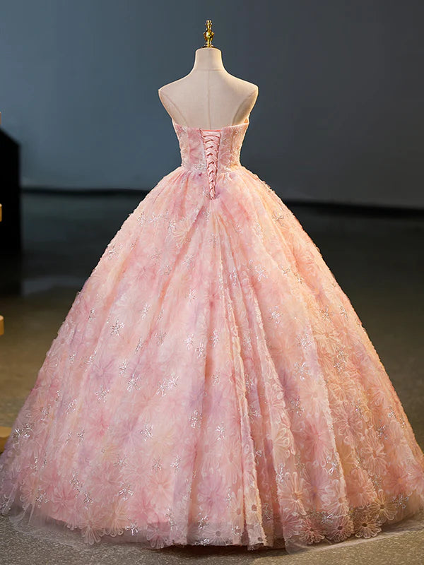 Wholesale Pink Flower Long Princess Dress Pink Strapless Formal Evening Dress