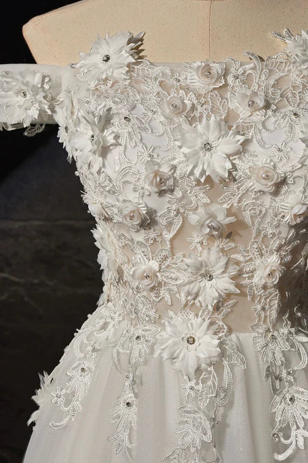 Wholesale White A-line Off the Shoulder Flowers and Tulle Formal Dress Beautiful Long Evening Party Dress