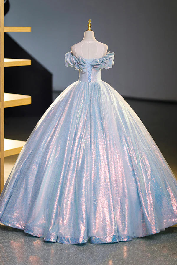 Wholesale Sparkling Tulle Sequins Long Floor Length Formal Dress Beautiful Off the Shoulder Evening Dress