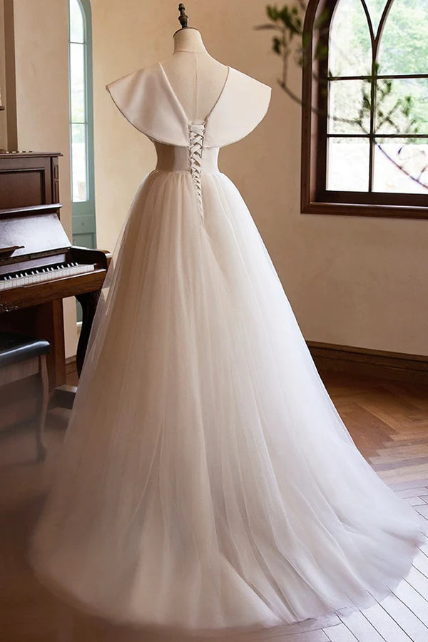 Wholesale Lovely Champagne Long Prom Dresses A-Line Princess V-Neck Bow Sleeveless Backless Formal Dresses