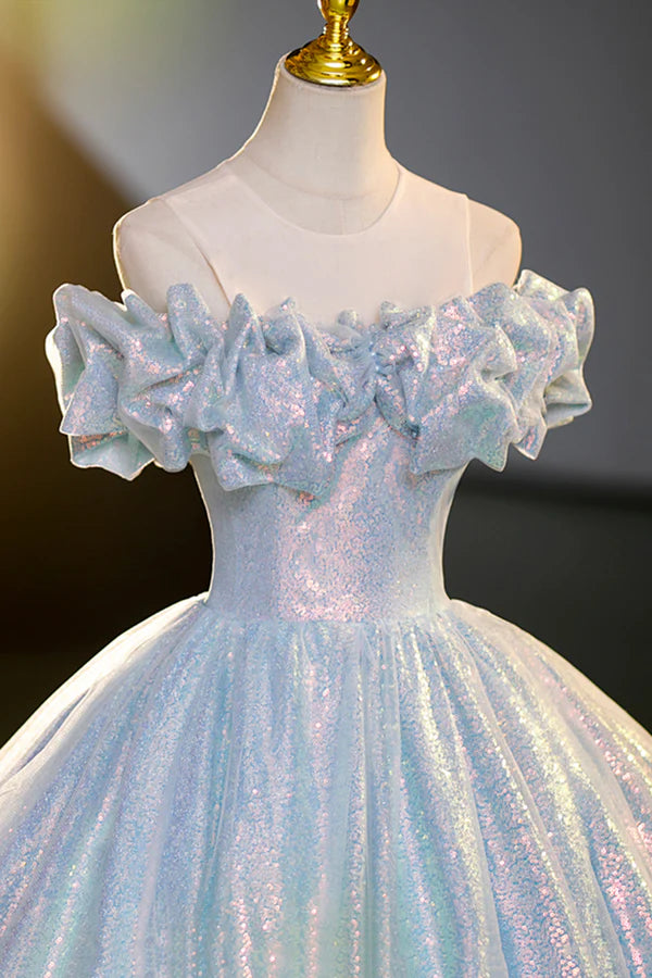 Wholesale Sparkling Tulle Sequins Long Floor Length Formal Dress Beautiful Off the Shoulder Evening Dress