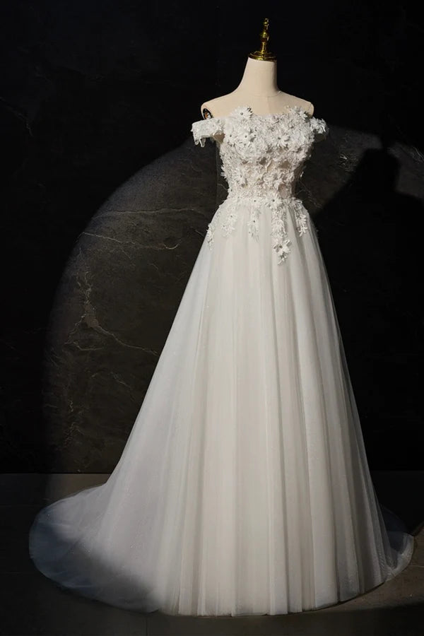 Wholesale White A-line Off the Shoulder Flowers and Tulle Formal Dress Beautiful Long Evening Party Dress