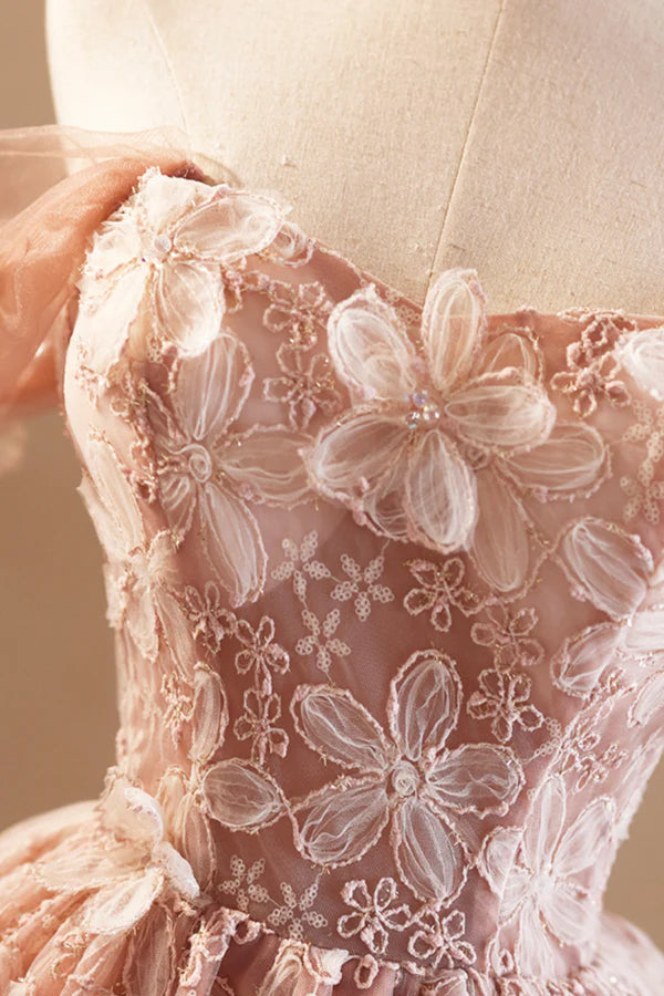 Wholesale Beautiful Tulle Flower Knee Length Prom Dress Off the Shoulder Short Sleeve Evening Party Dress