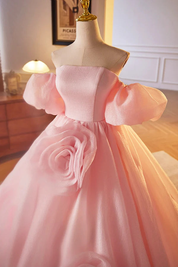 Wholesale Pink A-Line Sweetheart Ball Gown Formal Dress with Flowers Off the Shoulder Evening Party Dress