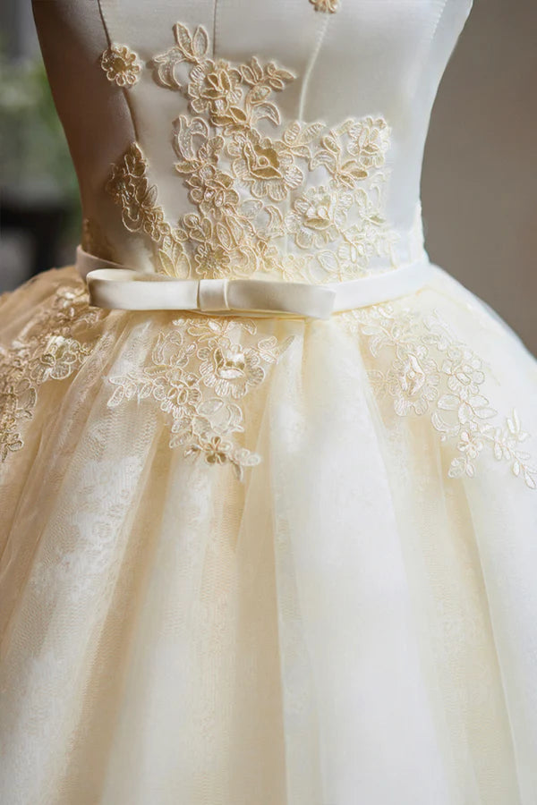 Wholesale Cute Tulle Lace Knee Length Prom Dress Champagne Off the Shoulder Evening Party Dress