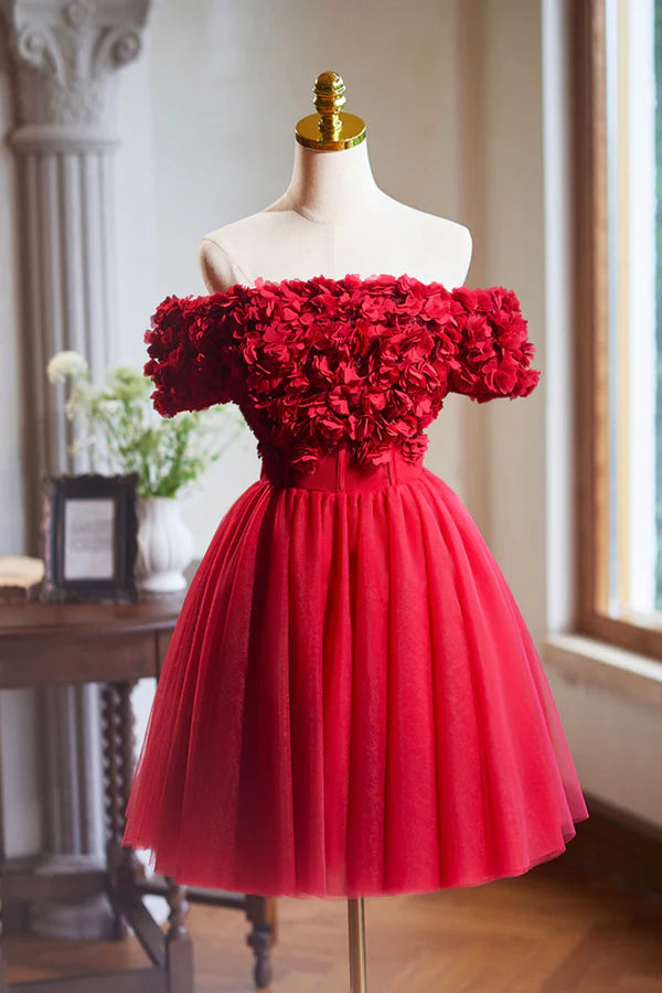 Wholesale Cute Tulle Short Prom Dress with Appliques Red A-Line Homecoming Party Dress