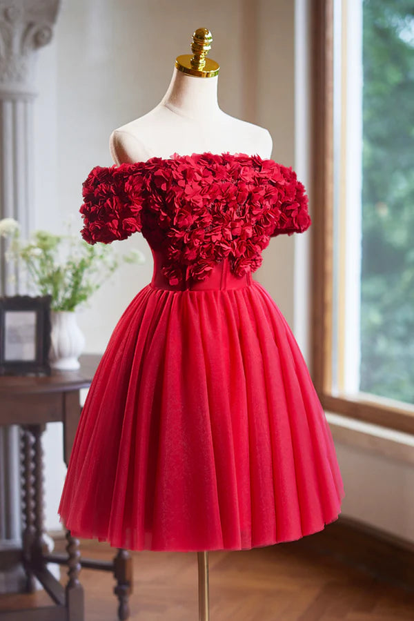 Wholesale Cute Tulle Short Prom Dress with Appliques Red A-Line Homecoming Party Dress