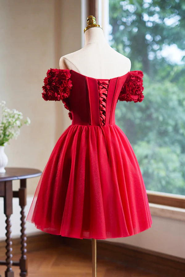 Wholesale Cute Tulle Short Prom Dress with Appliques Red A-Line Homecoming Party Dress