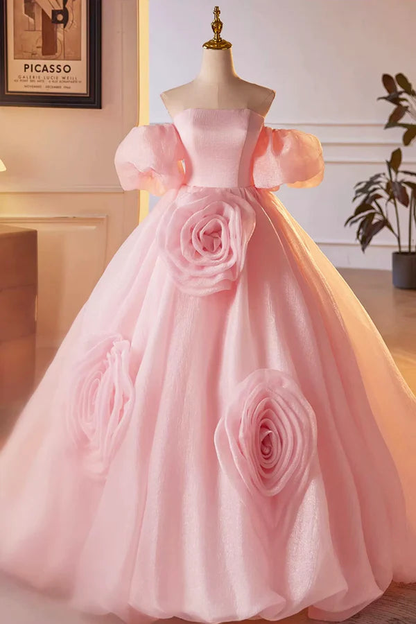 Wholesale Pink A-Line Sweetheart Ball Gown Formal Dress with Flowers Off the Shoulder Evening Party Dress