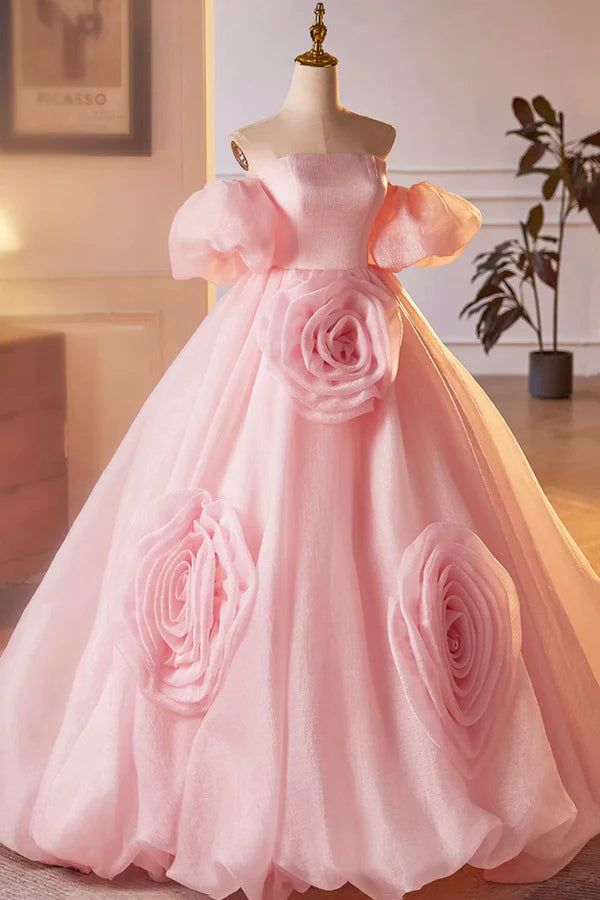 Wholesale Pink A-Line Sweetheart Ball Gown Formal Dress with Flowers Off the Shoulder Evening Party Dress