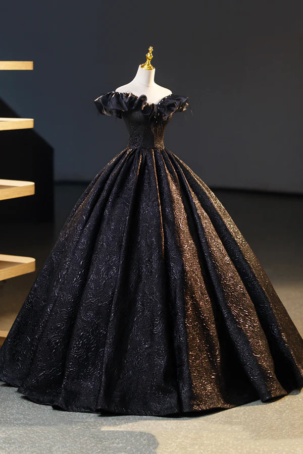 Wholesale Black Floor Length V-neck Off the Shoulder Formal Dress Black A-Line Evening Dress