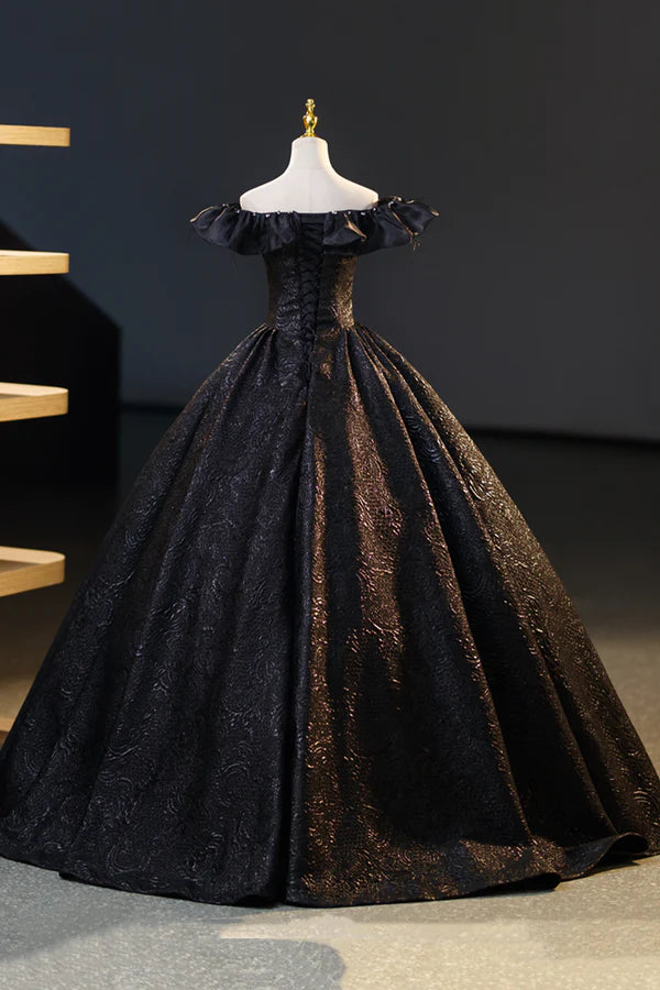 Wholesale Black Floor Length V-neck Off the Shoulder Formal Dress Black A-Line Evening Dress