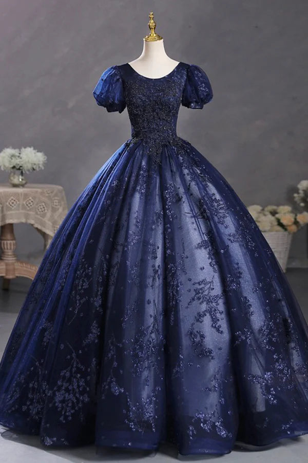 Wholesale Blue Tulle Sequins Long Formal Dress A-Line Short Sleeve Evening Party Dress
