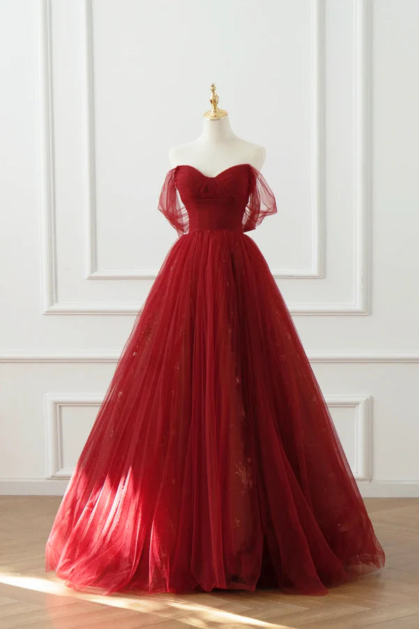 Wholesale Burgundy Tulle Floor Length A-Line Formal Dress Off the Shoulder Evening Party Dress