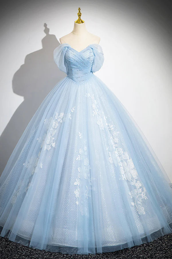 Wholesale Blue Tulle Lace Long Prom Dress Off the Shoulder Evening Party Dress