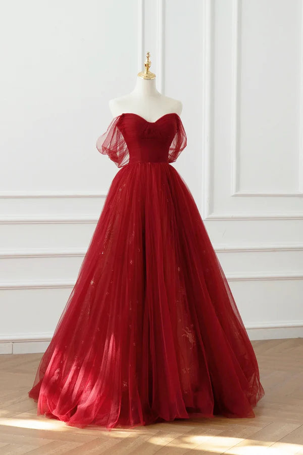 Wholesale Burgundy Tulle Floor Length A-Line Formal Dress Off the Shoulder Evening Party Dress