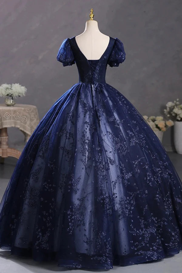 Wholesale Blue Tulle Sequins Long Formal Dress A-Line Short Sleeve Evening Party Dress