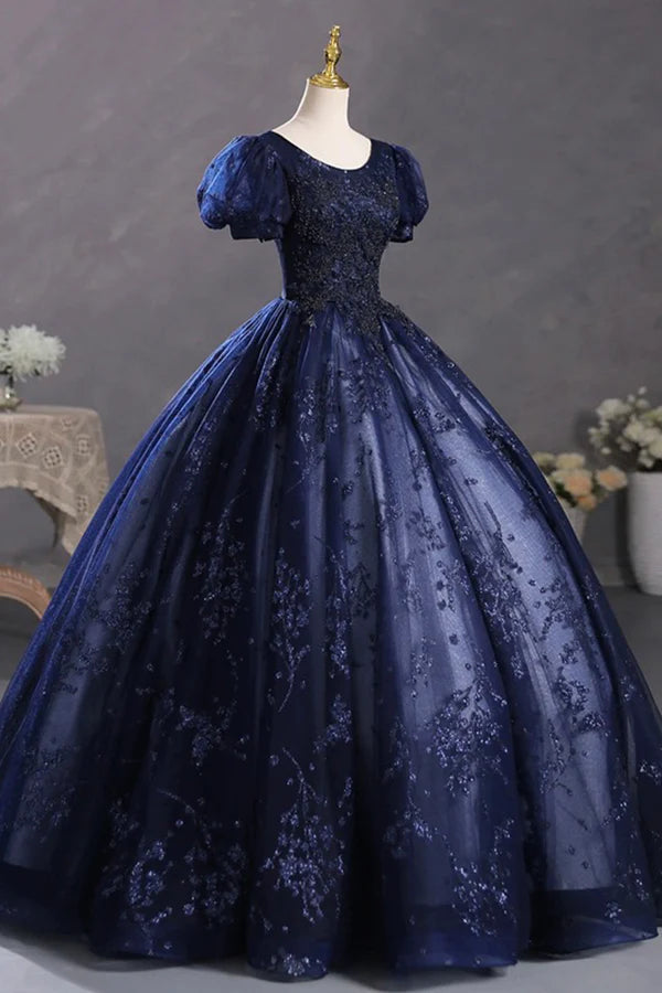 Wholesale Blue Tulle Sequins Long Formal Dress A-Line Short Sleeve Evening Party Dress