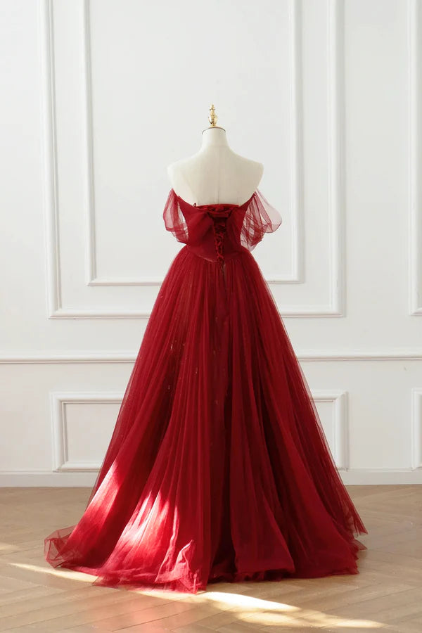 Wholesale Burgundy Tulle Floor Length A-Line Formal Dress Off the Shoulder Evening Party Dress