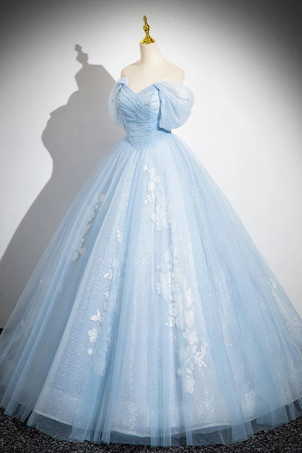 Wholesale Blue Tulle Lace Long Prom Dress Off the Shoulder Evening Party Dress