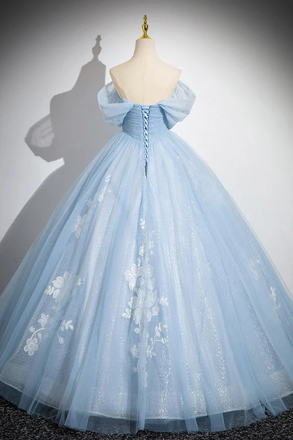 Wholesale Blue Tulle Lace Long Prom Dress Off the Shoulder Evening Party Dress