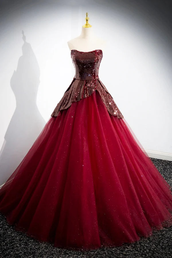 Wholesale Burgundy Sequins Tulle Long Prom Dress Elegant A-Line Evening Dress