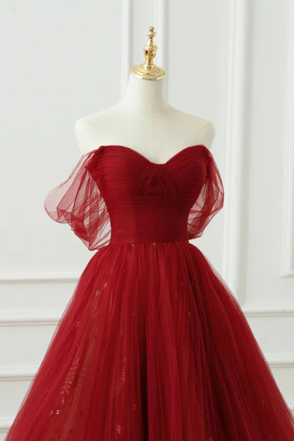 Wholesale Burgundy Tulle Floor Length A-Line Formal Dress Off the Shoulder Evening Party Dress