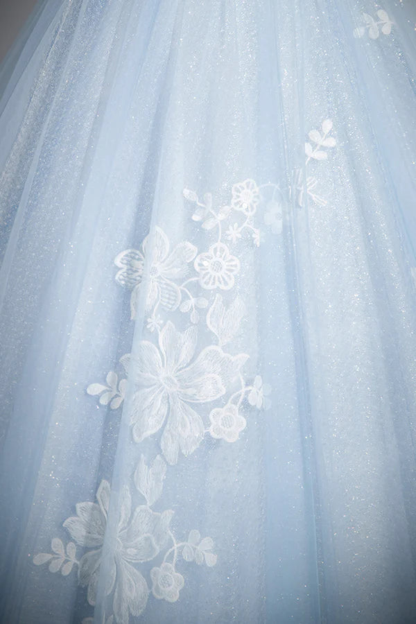 Wholesale Blue Tulle Lace Long Prom Dress Off the Shoulder Evening Party Dress