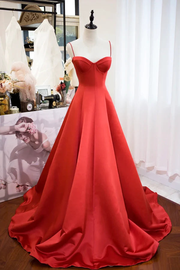 Wholesale Red Spaghetti Strap Satin Long Prom Dress Simple A-Line Evening Party Dress